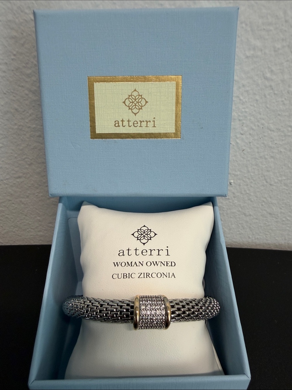 Atterri | Woven Mesh Cuff Bracelet w/ Pavé CZ | Gold & Silver Tone